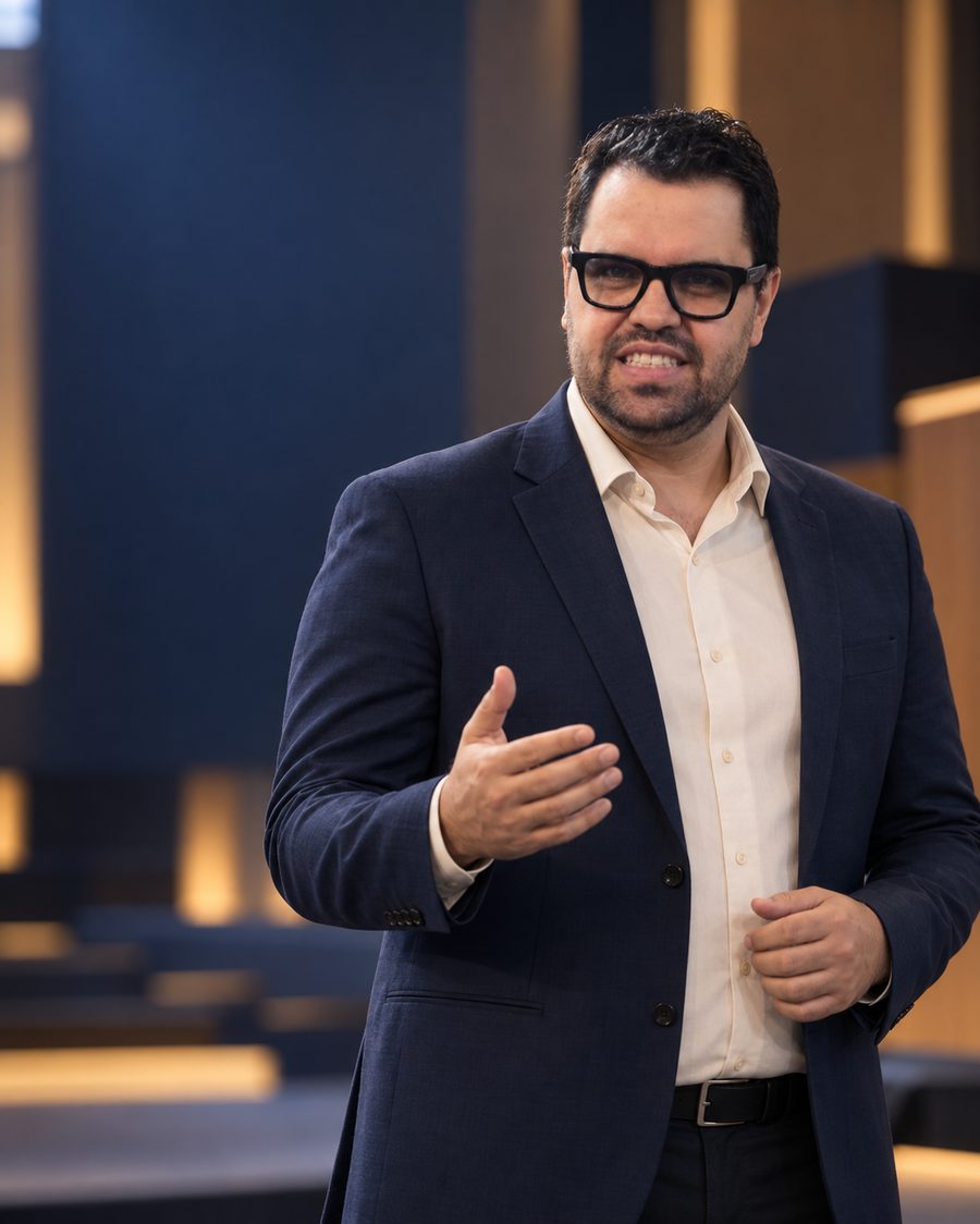 Fernando Martins falando ao microfone em um palco corporativo