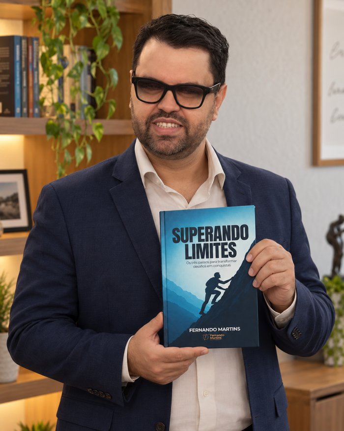 Fernando Martins segurando o livro Superando Limites